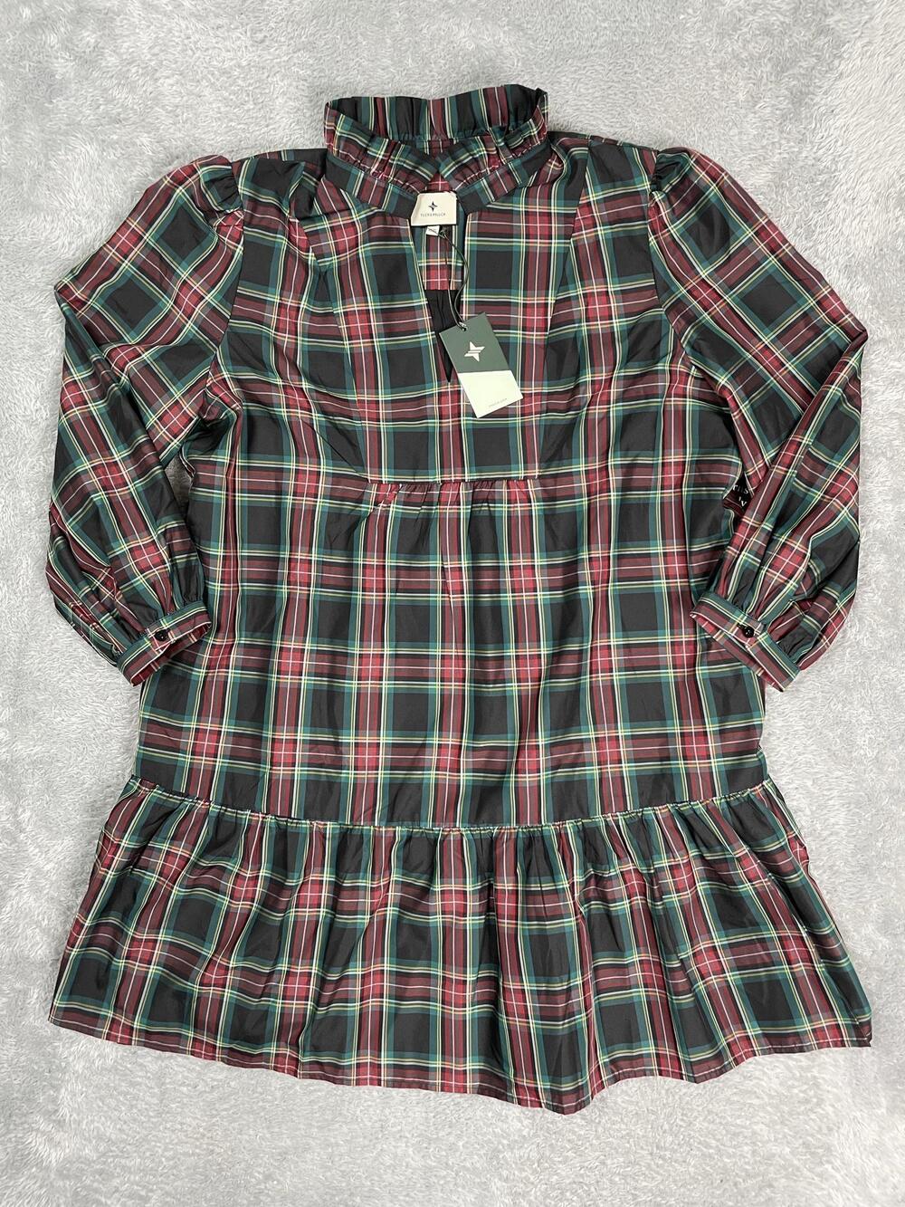 Tuckernuck Trapeze Dress Womens 3XL Multicolor Plaid High Neck Ruffle Hem Lined